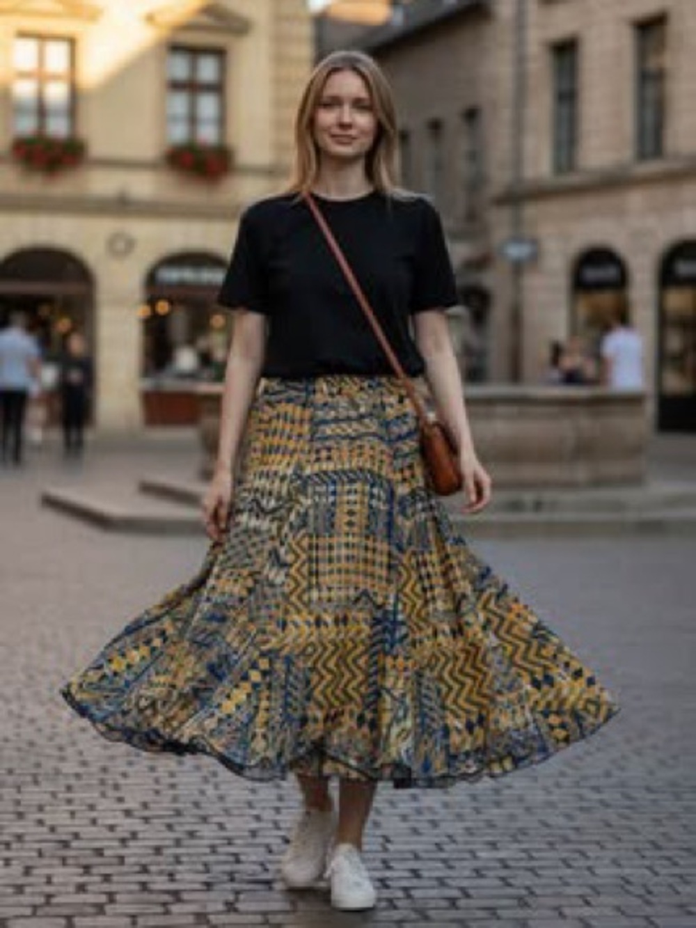 Flowy Geometric Midi Skirt in Yellow and Royal Blue